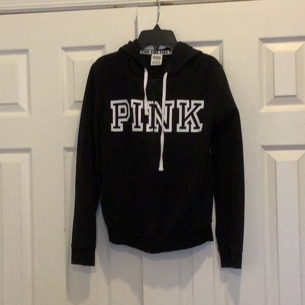 PINK black with white writing zip up hoodie withh two front pockets